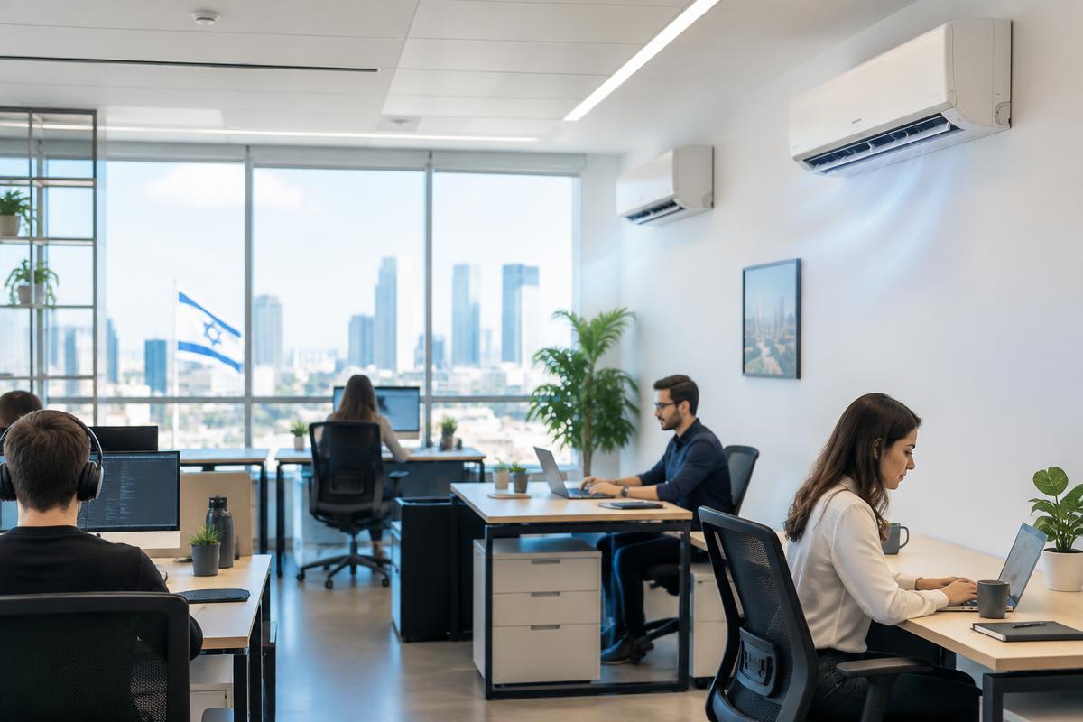 משרד מודרני עם מזגני קיר פעילים ועובדים עובדים — ניקוי מזגנים לעסקים ומיזוג אוויר למשרד