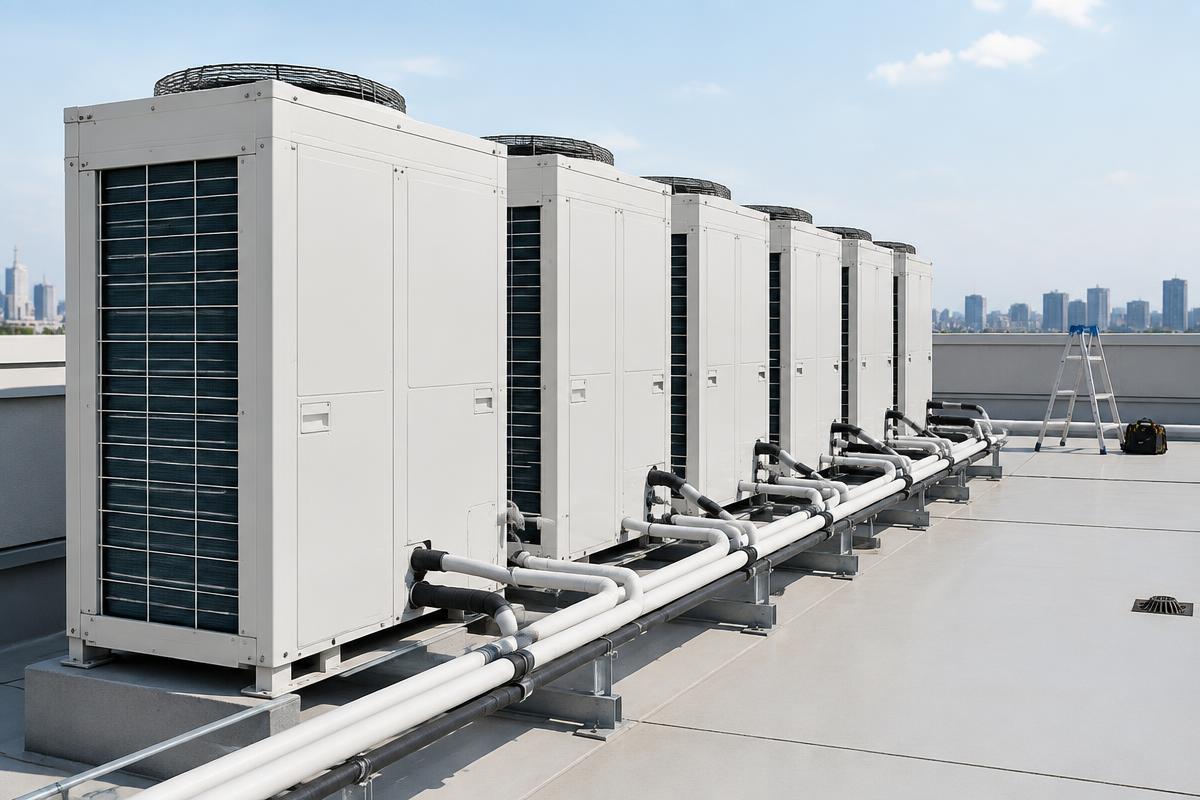 יחידות קומפרסור VRF מותקנות על גג בניין עם צינורות קירור — מערכת VRF ותחזוקת מזגנים מקצועית